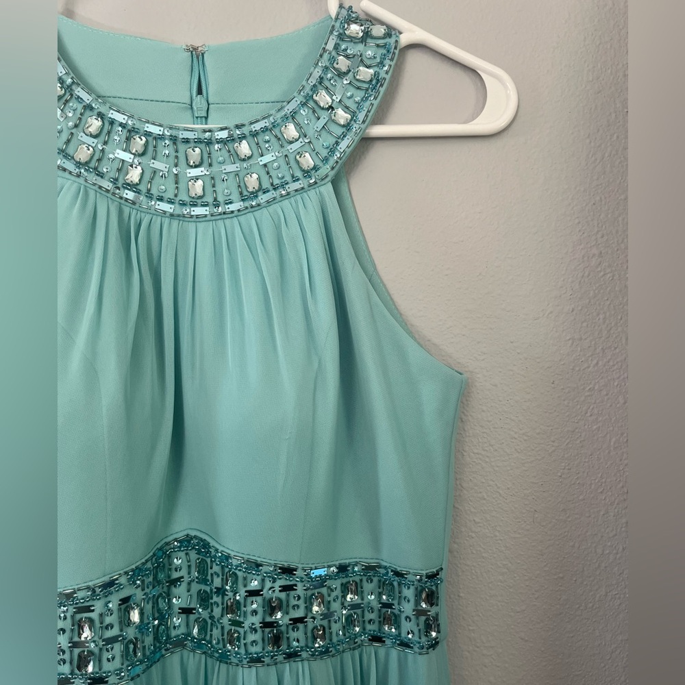 Elegant Aqua Maxi Dress with Beaded Waist Size 4